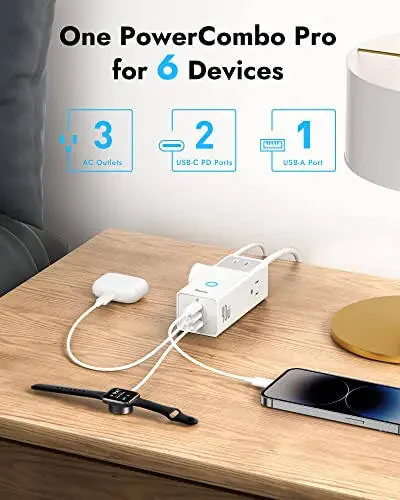 Baseus Power Strip Surge Protector 1200J - PD40W USB C Zaryadlovchi uzatma simi 3 ta AC chiqishi va 3 ta USB porti bilan, ofis uchun tez zaryadlash stansiyasi, yotoqxona xonasi Uy - 2