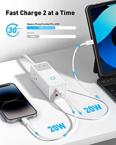 Baseus Power Strip Surge Protector 1200J - PD40W USB C Zaryadlovchi uzatma simi 3 ta AC chiqishi va 3 ta USB porti bilan, ofis uchun tez zaryadlash stansiyasi, yotoqxona xonasi Uy - 3