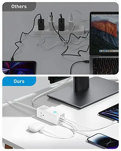 Baseus Power Strip Surge Protector 1200J - PD40W USB C Zaryadlovchi uzatma simi 3 ta AC chiqishi va 3 ta USB porti bilan, ofis uchun tez zaryadlash stansiyasi, yotoqxona xonasi Uy - 4