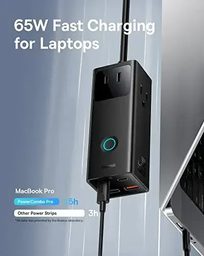 Baseus Power Strip Surge Protector 1200J - PD65W USB C Charger 3 AC розетка ва 4 USB портли тез қувватлаш станцияси офис ётоқхонаси учун - 3