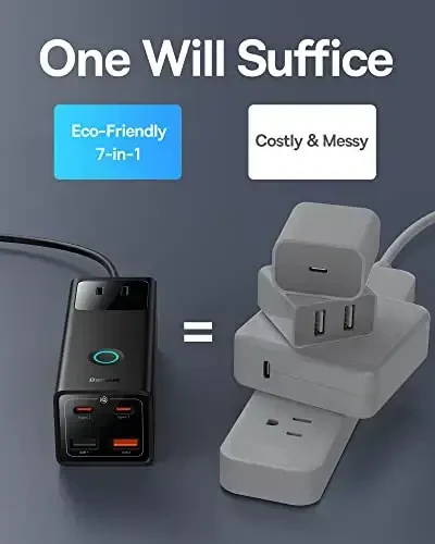 Baseus Power Strip Surge Protector 1200J - PD65W USB C Charger 3 AC розетка ва 4 USB портли тез қувватлаш станцияси офис ётоқхонаси учун - 4