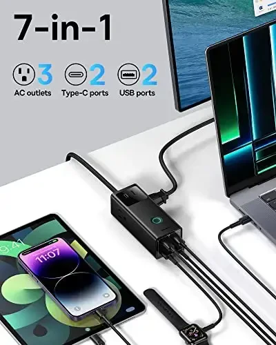Baseus Power Strip Surge Protector 1200J - PD65W USB C Charger Extension Cord with 3 AC Outlets & 4 USB Port Fast Charging Charging Station for Office Dorm Room Home - 2