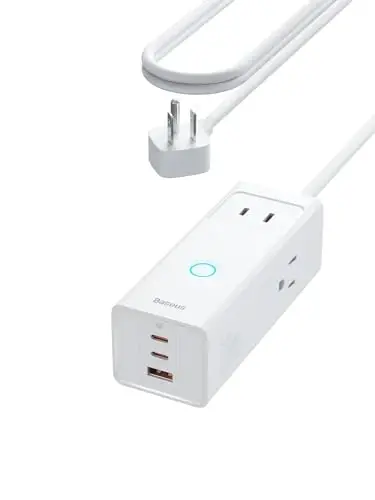 Baseus Power Strip Surge Protector 1200J — удлинитель с зарядкой USB C PD20W, 3 розетками AC и 3 портами USB для быстрой зарядки. Зарядная станция для офиса, общежития, дома. - Modazone
