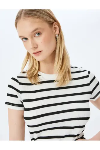 Basic Çizgili Bisiklet Yaka Kısa Kollu Kaşkorse Slim Fit Kadın Tişört-Ekru Çizgili 
