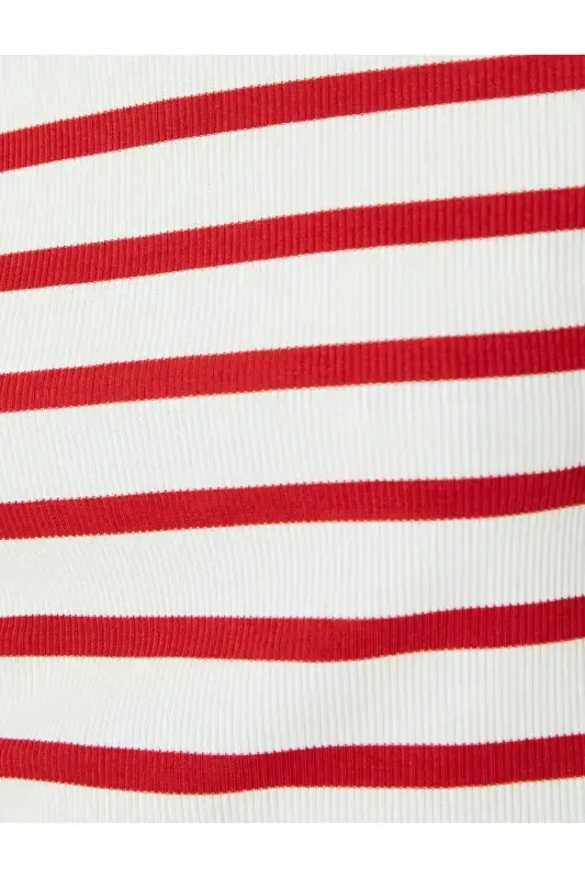 Basic Çizgili Bisiklet Yaka Kısa Kollu Kaşkorse Slim Fit Kadın Tişört-Kırmızı Çizgili - 2