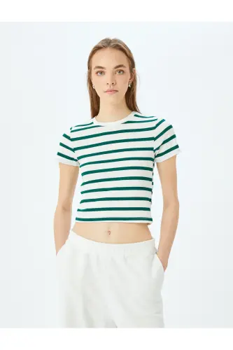 Basic Çizgili Bisiklet Yaka Kısa Kollu Kaşkorse Slim Fit Kadın Tişört - Yeşil Çizgili - 3