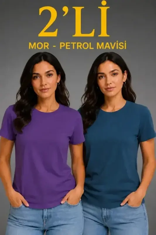 Basic Crew Neck Summer Slim Fit T-Shirt - Purple - Petrol Blue - 1