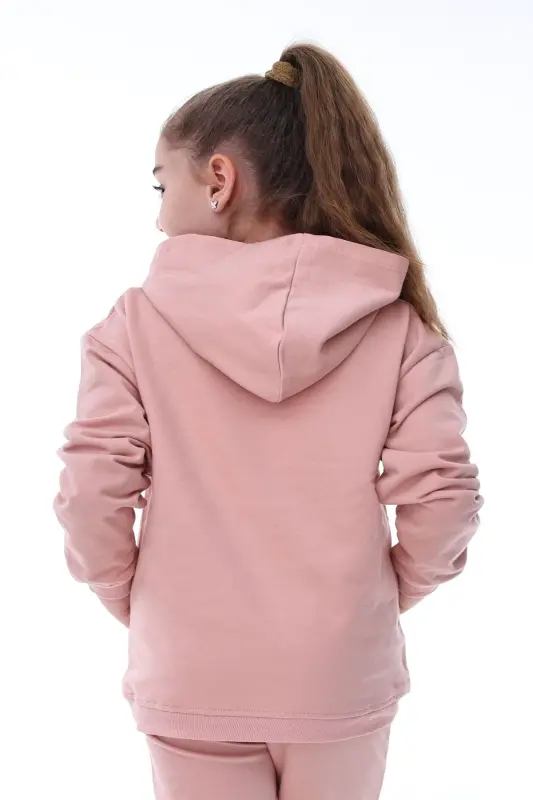 Basic Hooded Brushed Kangaroo Pocket Detailed Children's Sweatshirt 3-10 Years Old Powder-Powder - 3