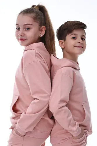 Basic Hooded Brushed Kangaroo Pocket Detailed Children's Sweatshirt 3-10 Years Old Powder-Powder - 4