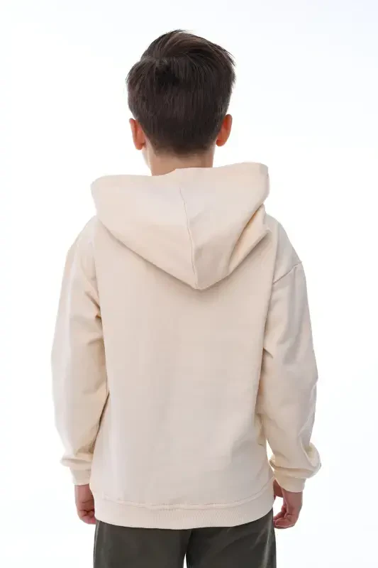 Basic Hooded Brushed Kangaroo Pocket Detailed Kids Sweatshirt 3-10 Years Ecru-Ecru - 4