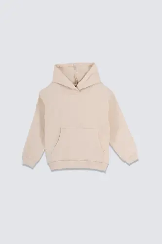 Basic Hooded Brushed Kangaroo Pocket Detailed Kids Sweatshirt 3-10 Years Ecru-Ecru - 1
