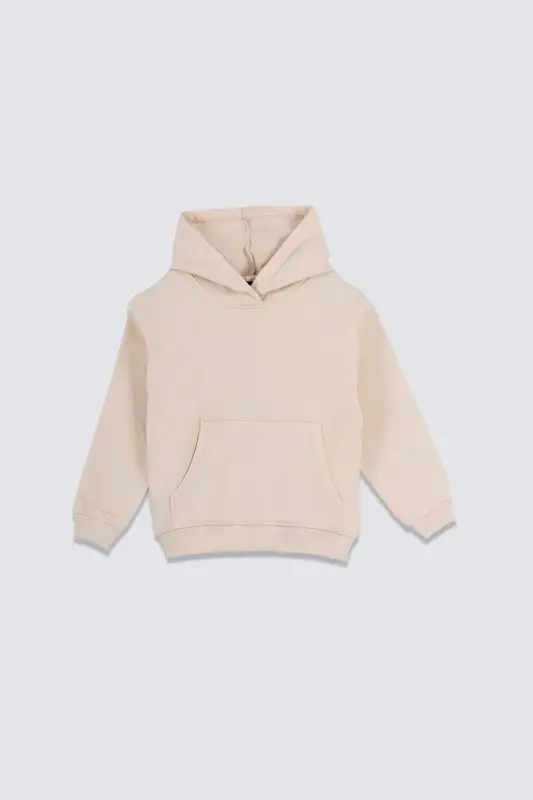 Basic Hooded Brushed Kangaroo Pocket Detailed Kids Sweatshirt 3-10 Years Ecru-Ecru - 1
