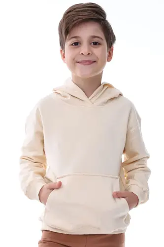 Basic Hooded Brushed Kangaroo Pocket Detailed Kids Sweatshirt 3-10 Years Ecru-Ecru - 2