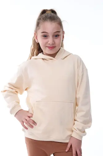 Basic Hooded Brushed Kangaroo Pocket Detailed Kids Sweatshirt 3-10 Years Ecru-Ecru - 3