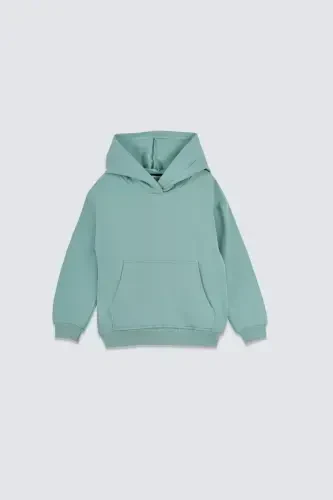 Basic Hooded Fleece Kangaroo Pocket Detailed Kids Sweatshirt 3-10 Years Old Sea Green-Sea Green - 1