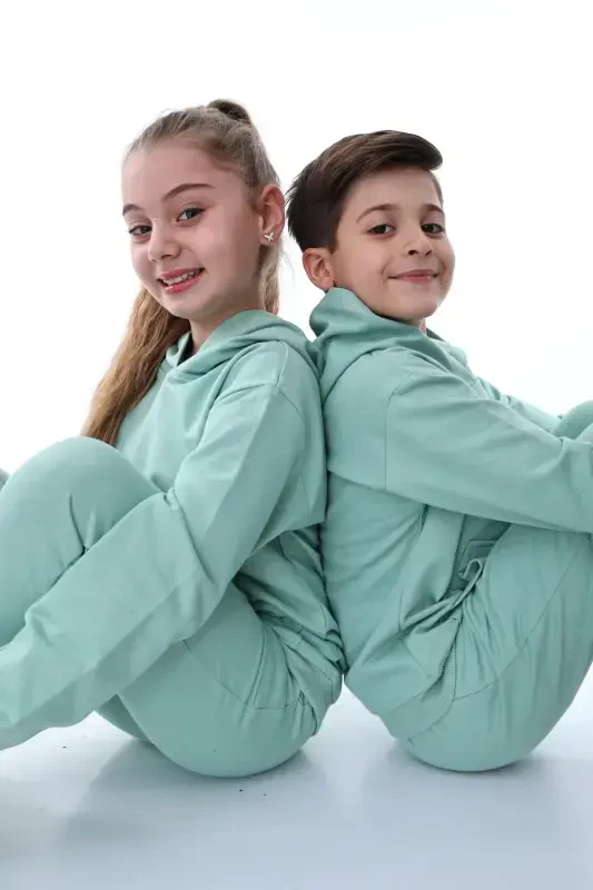 Basic Hooded Fleece Kangaroo Pocket Detailed Kids Sweatshirt 3-10 Years Old Sea Green-Sea Green - 3