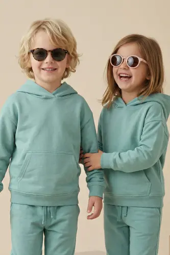 Basic Hooded Fleece Kangaroo Pocket Detailed Kids Sweatshirt 3-10 Years Old Sea Green-Sea Green 