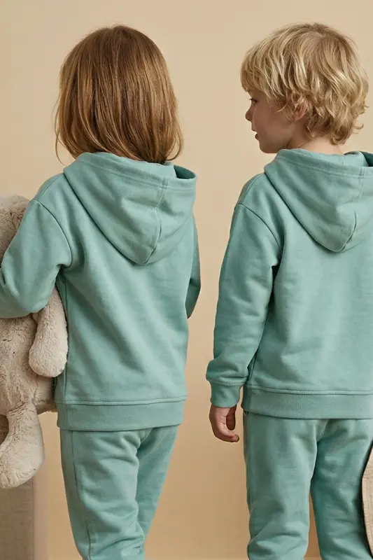 Basic Hooded Fleece Kangaroo Pocket Detailed Kids Sweatshirt 3-10 Years Old Sea Green-Sea Green - 4