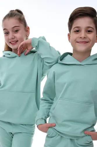 Basic Hooded Fleece Kangaroo Pocket Detailed Kids Sweatshirt 3-10 Years Old Sea Green-Sea Green - 5