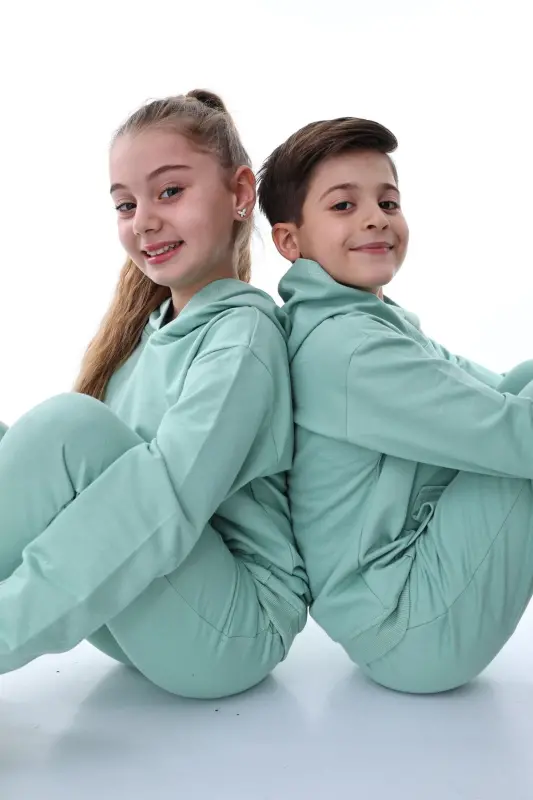 Basic Hooded Fleece Kangaroo Pocket Detailed Kids Sweatshirt 3-10 Years Old Sea Green-Sea Green - 6