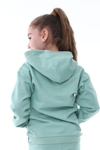 Basic Hooded Fleece Kangaroo Pocket Detailed Kids Sweatshirt 3-10 Years Old Sea Green-Sea Green - 7