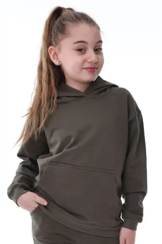 Basic Hooded Fleece Kangaroo Pocket Kids Sweatshirt 3-10 Years Khaki - ZUZUNGA (1)