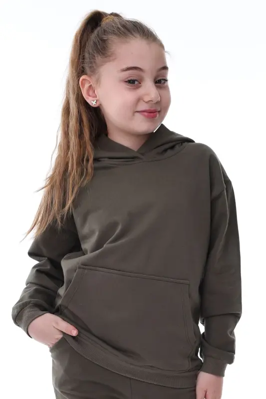 Basic Hooded Fleece Kangaroo Pocket Kids Sweatshirt 3-10 Years Khaki - 2