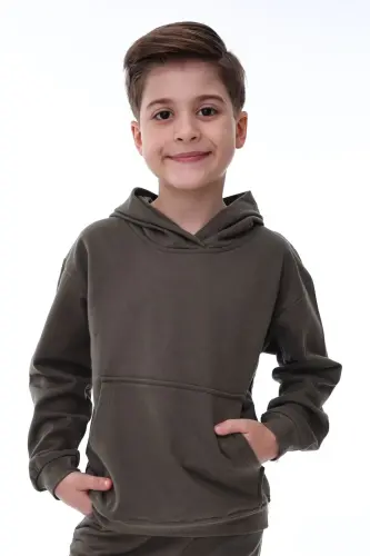 Basic Hooded Fleece Kangaroo Pocket Kids Sweatshirt 3-10 Years Khaki - 3