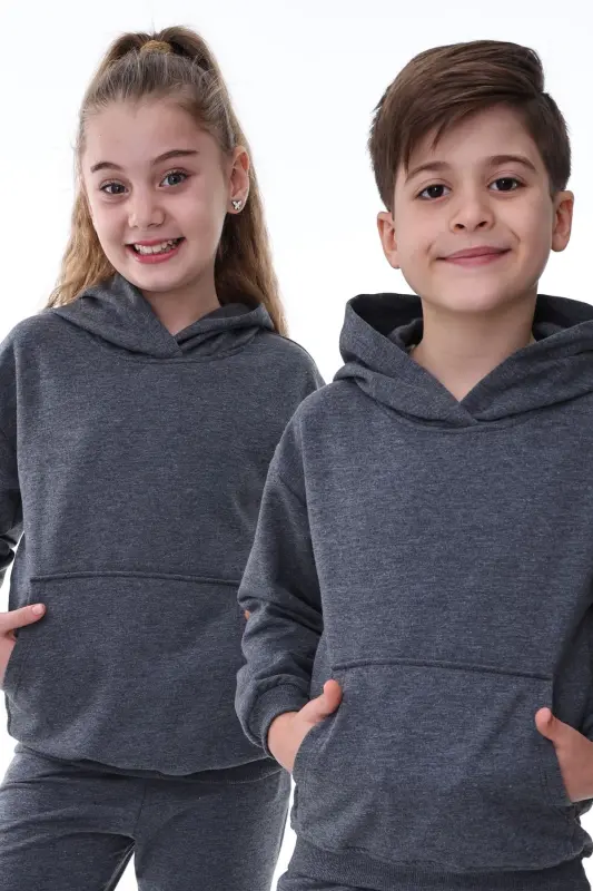 Basic Hooded Fleece-Lined Kangaroo Pocket Detailed Kids Sweatshirt 3-10 Years Smoked-Smoked - 1