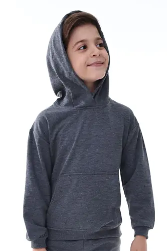 Basic Hooded Fleece-Lined Kangaroo Pocket Detailed Kids Sweatshirt 3-10 Years Smoked-Smoked - 2