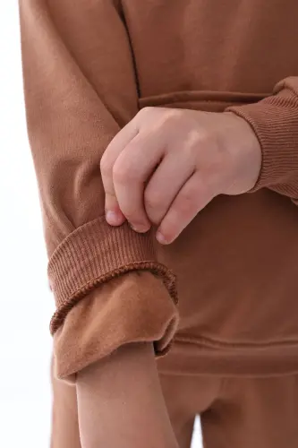 Basic Hooded Plush Kangaroo Pocket Detailed Kid's Sweatshirt 3-10 Years Brown-Brown - 3