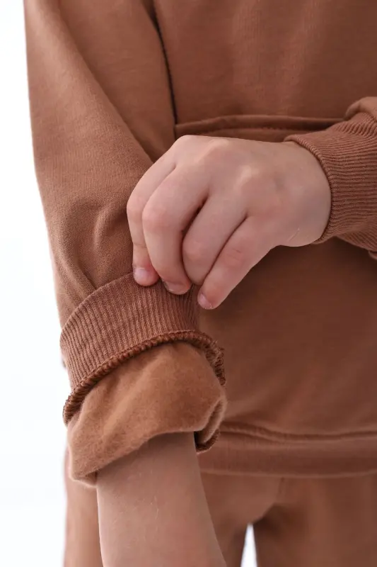 Basic Hooded Plush Kangaroo Pocket Detailed Kid's Sweatshirt 3-10 Years Brown-Brown - 3