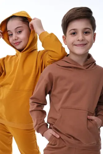 Basic Hooded Plush Kangaroo Pocket Detailed Kid's Sweatshirt 3-10 Years Brown-Brown - 4