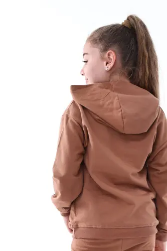 Basic Hooded Plush Kangaroo Pocket Detailed Kid's Sweatshirt 3-10 Years Brown-Brown - 5