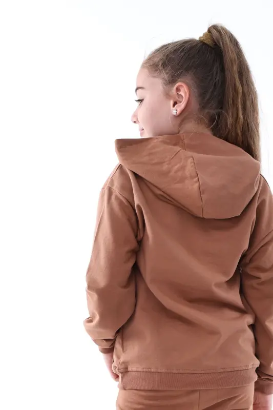 Basic Hooded Plush Kangaroo Pocket Detailed Kid's Sweatshirt 3-10 Years Brown-Brown - 5