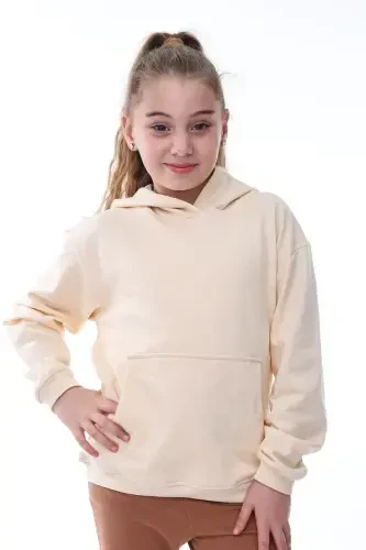 Basic Kapüşonlu Şardonlu Kanguru Cep Detaylı Çocuk Sweatshirt 3-10 Yaş Ekru-Ekru - 3