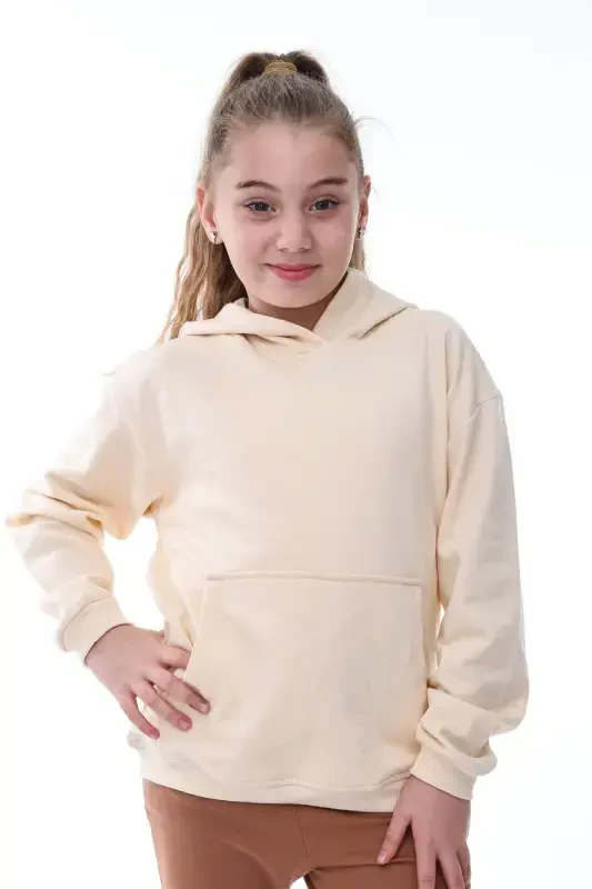 Basic Kapüşonlu Şardonlu Kanguru Cep Detaylı Çocuk Sweatshirt 3-10 Yaş Ekru-Ekru - 3