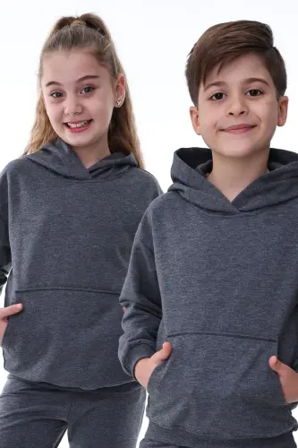Basic Kapüşonlu Şardonlu Kanguru Cep Detaylı Çocuk Sweatshirt 3-10 Yaş Füme-Füme 