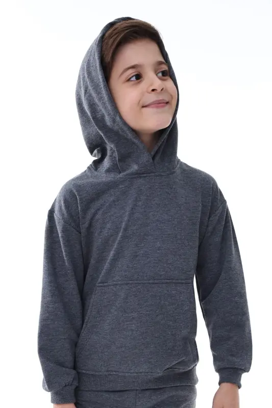 Basic Kapüşonlu Şardonlu Kanguru Cep Detaylı Çocuk Sweatshirt 3-10 Yaş Ekru - Füme - 2