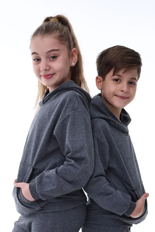 Basic Kapüşonlu Şardonlu Kanguru Cep Detaylı Çocuk Sweatshirt 3-10 Yaş Ekru - Füme - 4