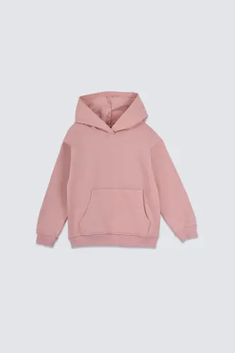 Basic Kapüşonlu Şardonlu Kanguru Cep Detaylı Çocuk Sweatshirt 3-10 Yaş Pudra-Pudra 