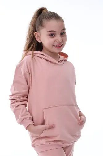 Basic Kapüşonlu Şardonlu Kanguru Cep Detaylı Çocuk Sweatshirt 3-10 Yaş Pudra-Pudra - ZUZUNGA (1)