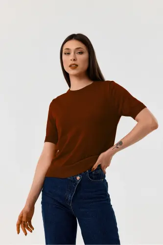 Basıc Kısa Kollu Triko Kazak-KAHVERENGİ-Kahverengi 
