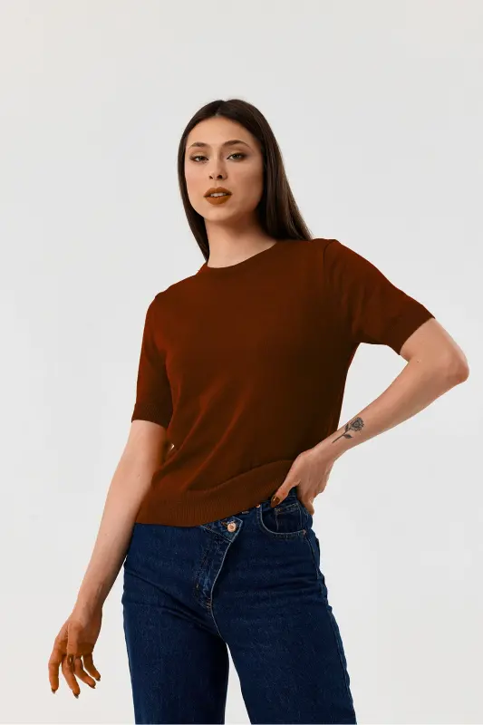 Basıc Kısa Kollu Triko Kazak-KAHVERENGİ-Kahverengi - 1