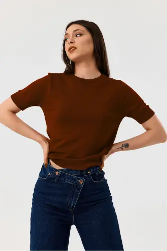 Basıc Kısa Kollu Triko Kazak-KAHVERENGİ-Kahverengi - NEER (1)