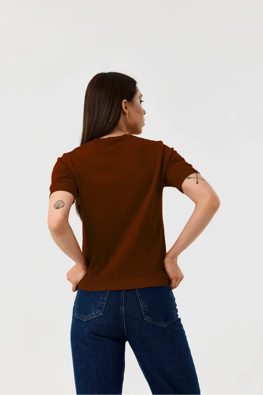 Basıc Kısa Kollu Triko Kazak-KAHVERENGİ-Kahverengi - 3