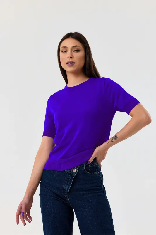 Basıc Kısa Kollu Triko Kazak-SAKS-SAKS - 1