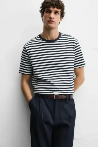 BASIC MEDIUM WEIGHT T-SHIRT-Ecru / Navy Blue - 5