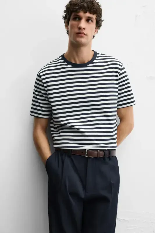 BASIC MEDIUM WEIGHT T-SHIRT-Ecru / Navy Blue - 5