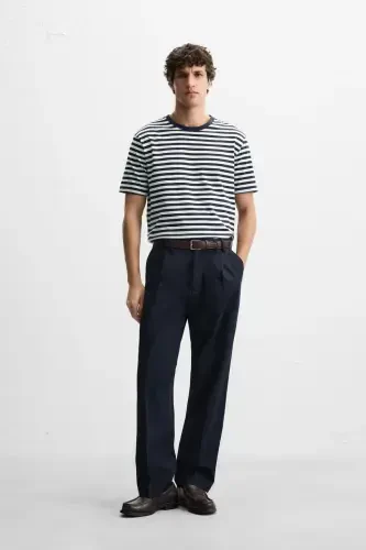 BASIC MEDIUM WEIGHT T-SHIRT-Ekru / To‘q ko‘k - 1